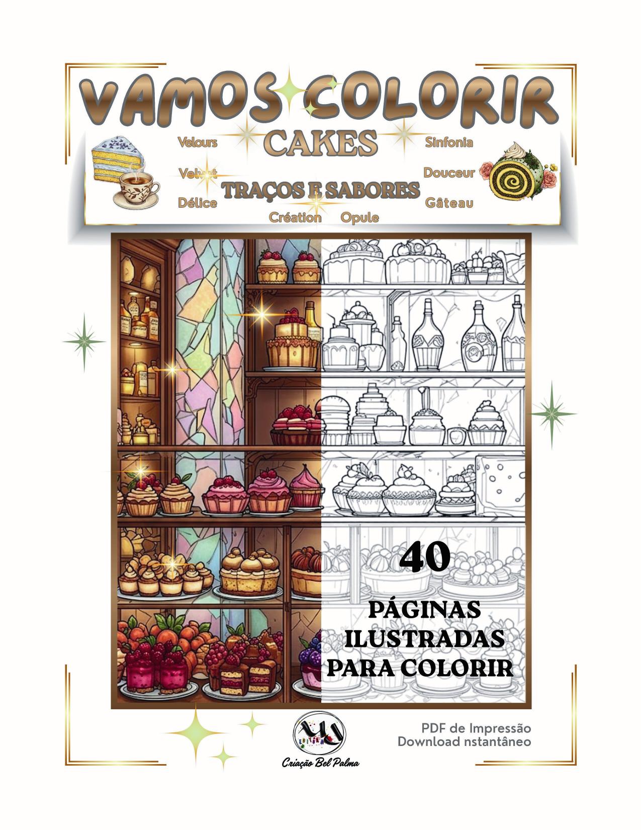 Capa do e-book de colorir Cakes: Traços e Sabores, da MDEDITORA