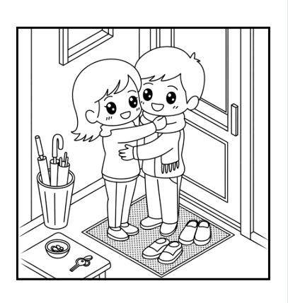 Ilustração para colorir de um casal se abraçando na porta de casa