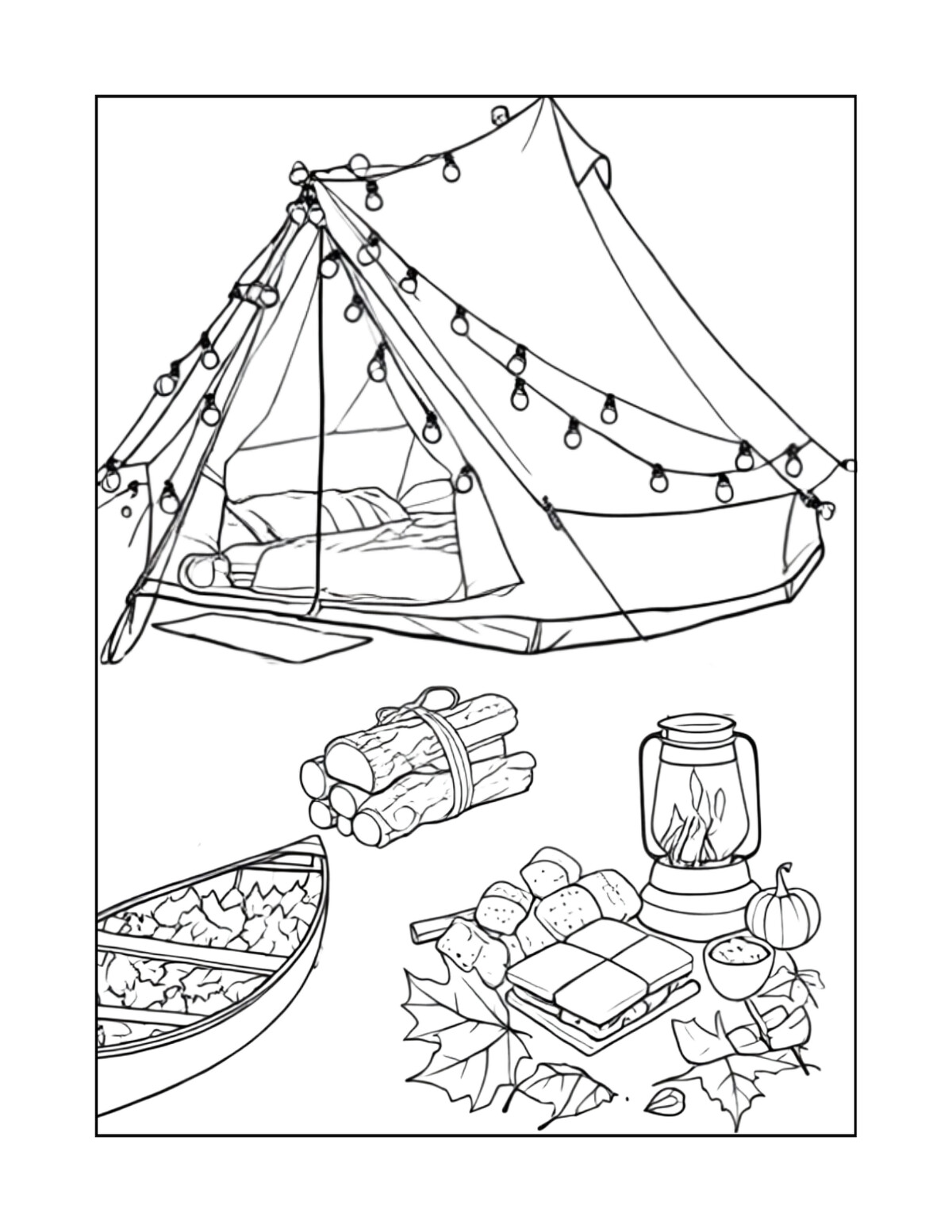 Página de exemplo para colorir do e-book Camping