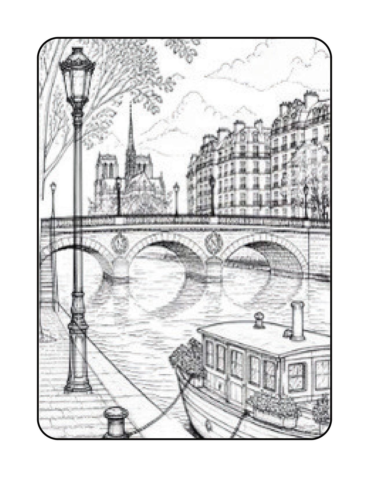 Página de exemplo para colorir do e-book Uma Tarde em Paris